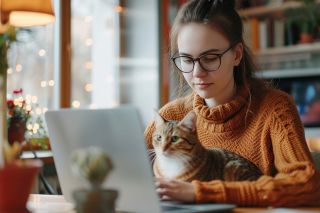 Foto: Frau arbeitet auf Laptop mit einer Katze in den Armen